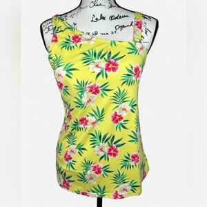 Lands‎ End Tankini Yellow & Pink Hibiscus Asymmetrical Swim Top Women’s 6 A04